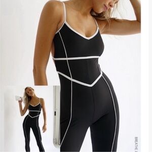 Black V-Neck Contrast Piped Jumpsuit with White Trim